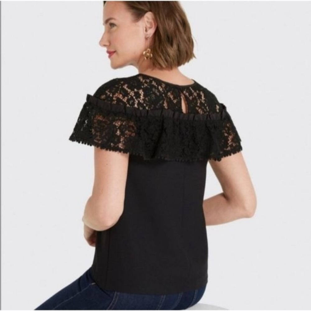 NWT, Draper James, Size 12, Black Ruffle Lace Top, Short Sleeve Blouse